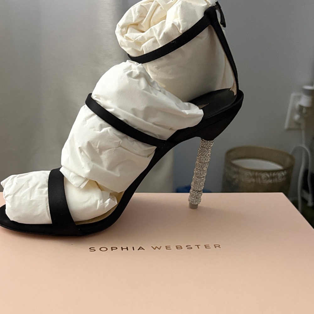 Sophia Webster Black Strappy Heels with Crystal-Encrusted rosalind satin
